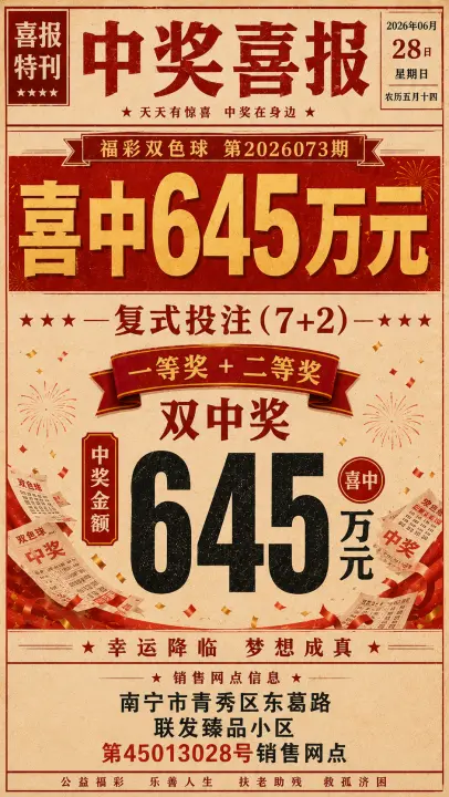 喜中645万彩票喜报